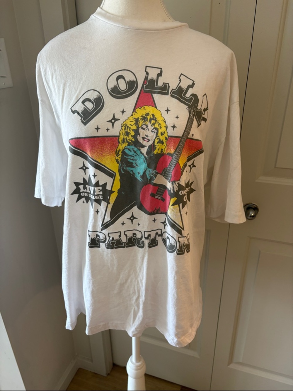 White Graphic Tee with Yellow & Red Star Guitar Design Dolly Parton
